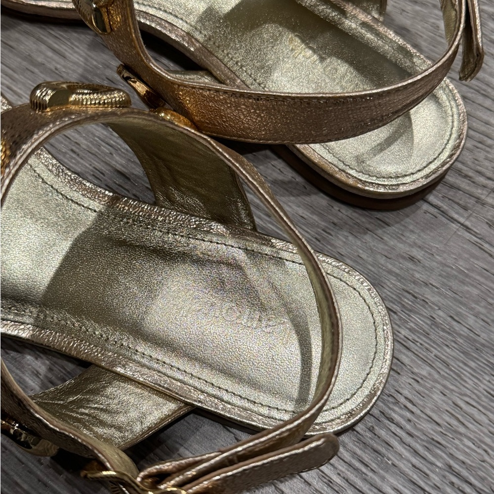 LARROUDE PREOWNED MADISON GOLD LEATHER SHELL SANDALS 6 ANTHROPOLOGIE - Picture 13 of 16